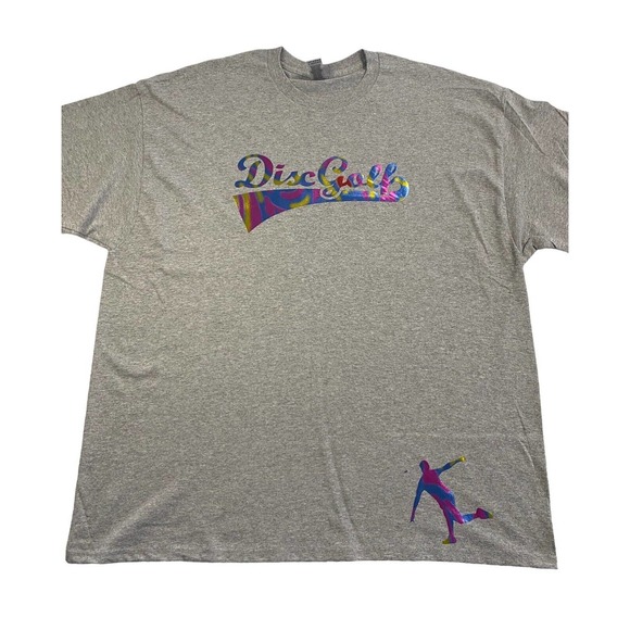 Disc Golf Shirt RAINBOW HOLOGRAPHIC BASKET Logo 2XL Graphic T-Shirt Gildan Grey - Picture 9 of 9